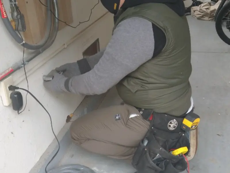 Electrician performing outlet wiring in a Loughman garage